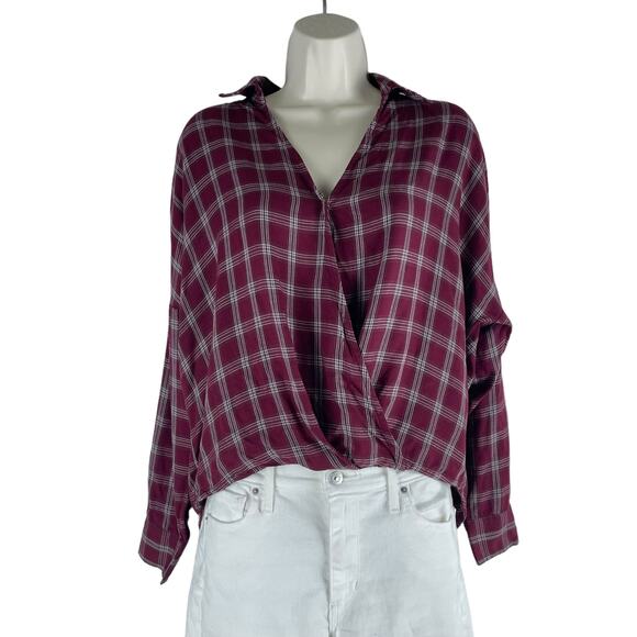 Lou & Grey for LOFT Plaid Long Sleeve Faux Wrap Top Dark Red Size S - Picture 1 of 9